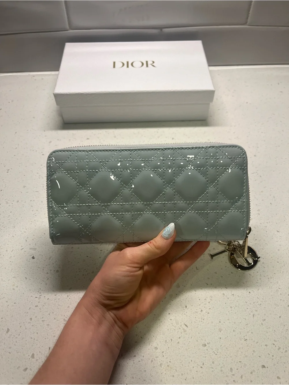 Dior Patent Quilted Wallet in Light Blue